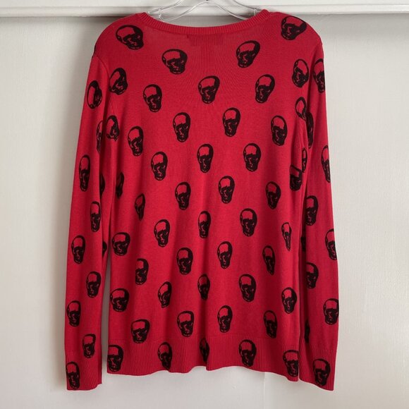 Magaschoni Red + Black Skull Cashmere Blend V Neck Sweater Size L - Picture 2 of 11